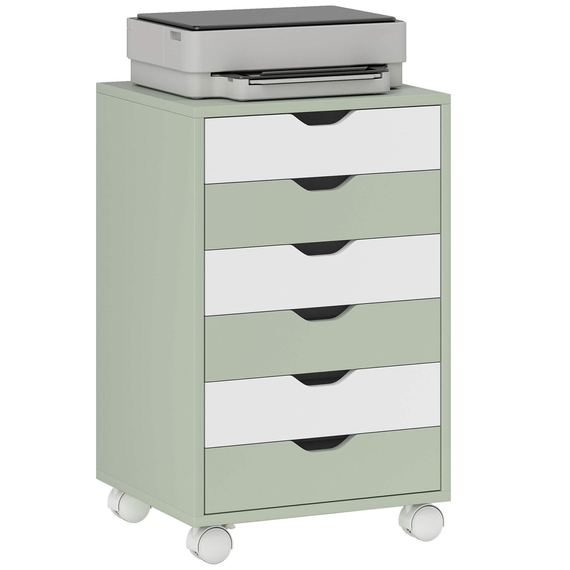 Cajonera Escritorio, Archivador Móvil con 6 Cajones, Soporte para Impresora con Ruedas, Guías Deslizantes Silenciosas, para Oficina, Casa, Verde y Blanco