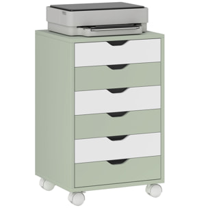 Cajonera Escritorio, Archivador Móvil con 6 Cajones, Soporte para Impresora con Ruedas, Guías Deslizantes Silenciosas, para Oficina, Casa, Verde y Blanco