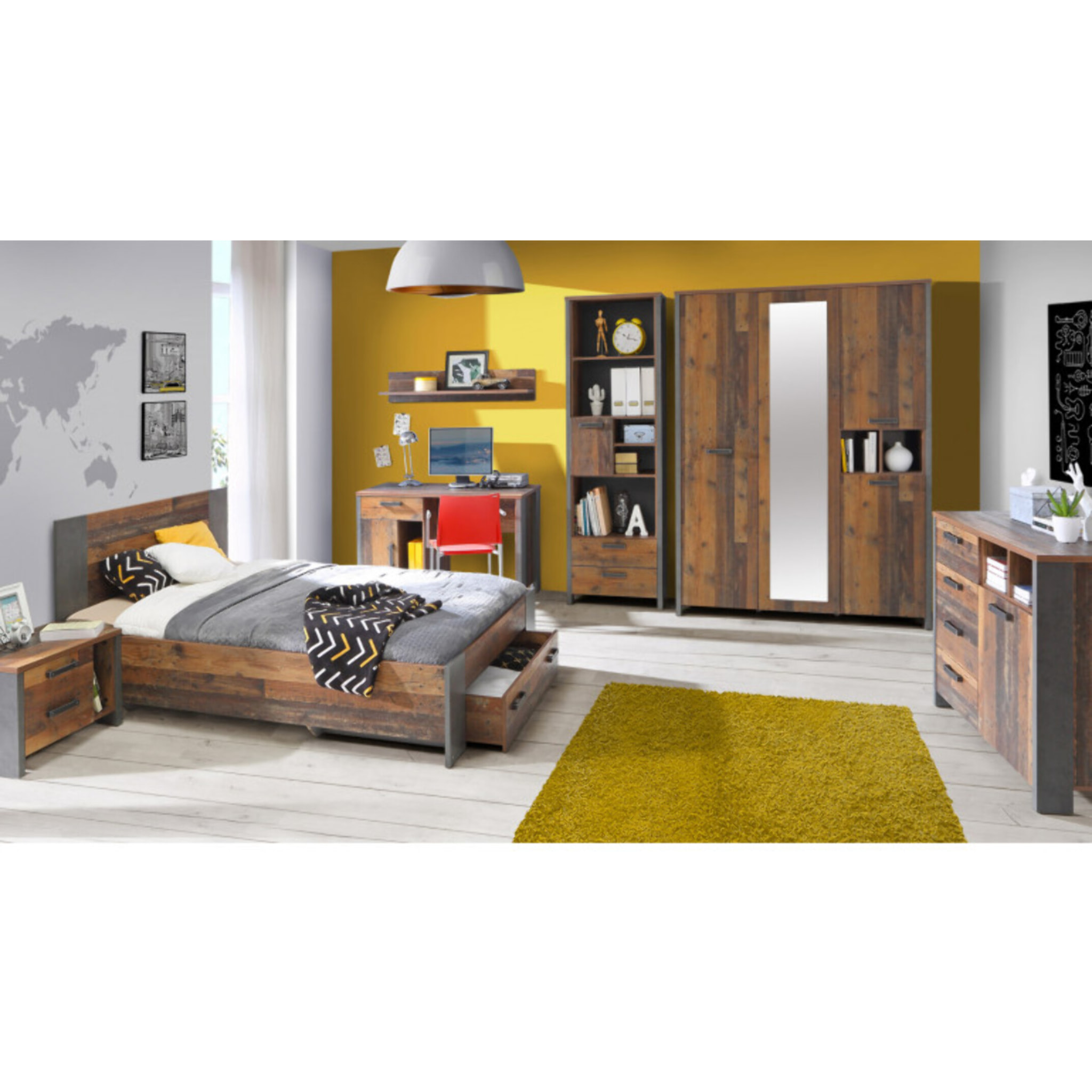 Bureau industriel 160 cm bois vieilli et béton gris avec rangements - FRED