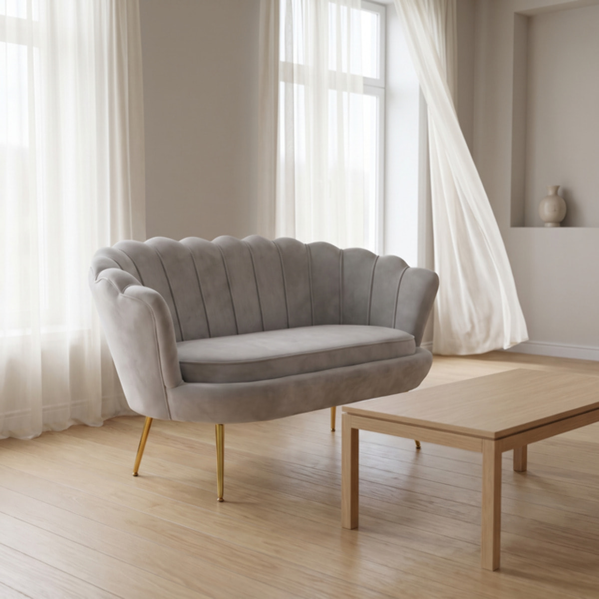Divano 2 Posti in Velluto con Schienale a Ventaglio, Seduta Imbottita dallo Stile Elegante per Soggiorno, Studio e Camera da Letto