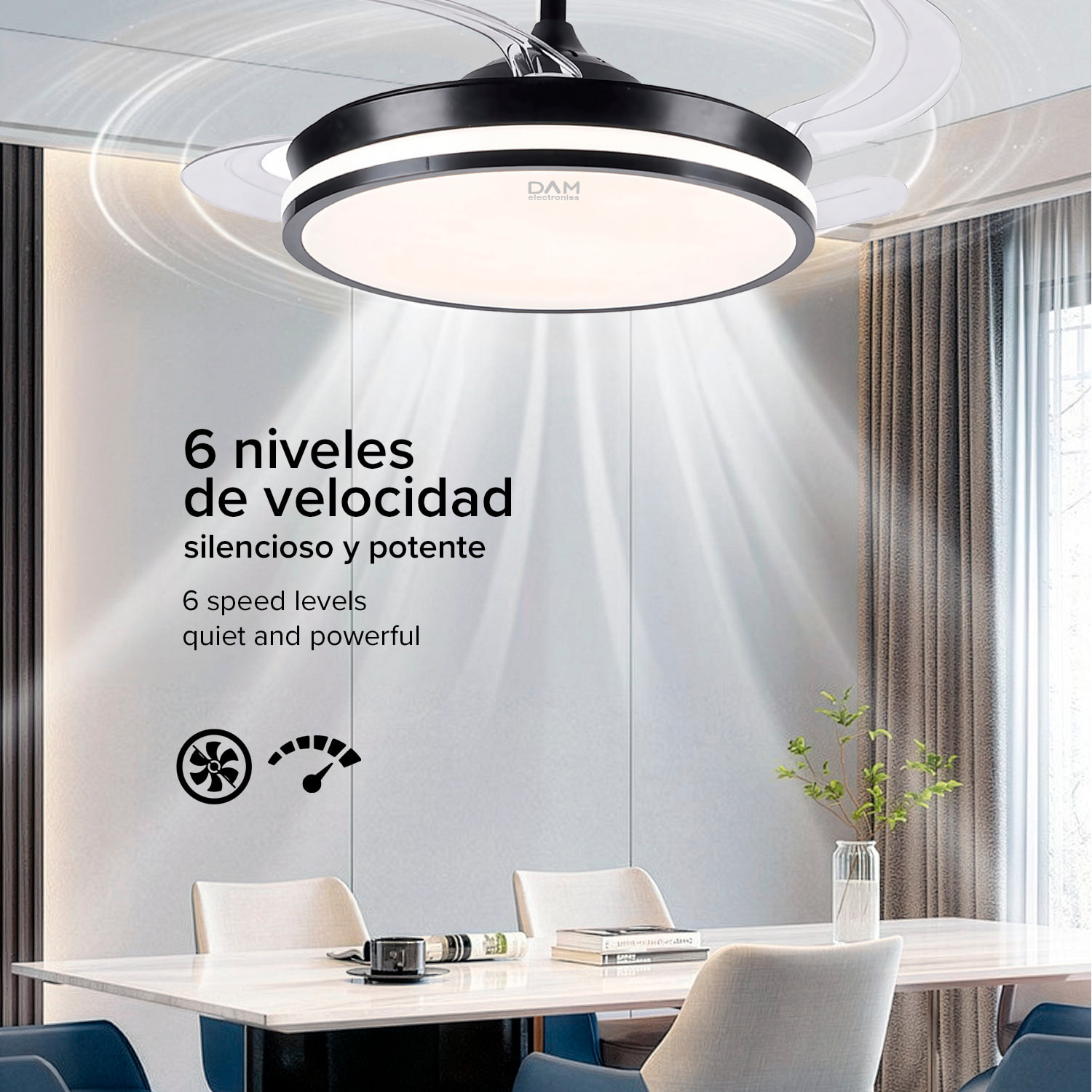 Ventilatore da soffitto L433 da 107 cm, pale retrattili, motore DC da 30 W, luce LED dimmerabile da 60 W, 6 velocità, modalità estate/inverno. Telecomando incluso.