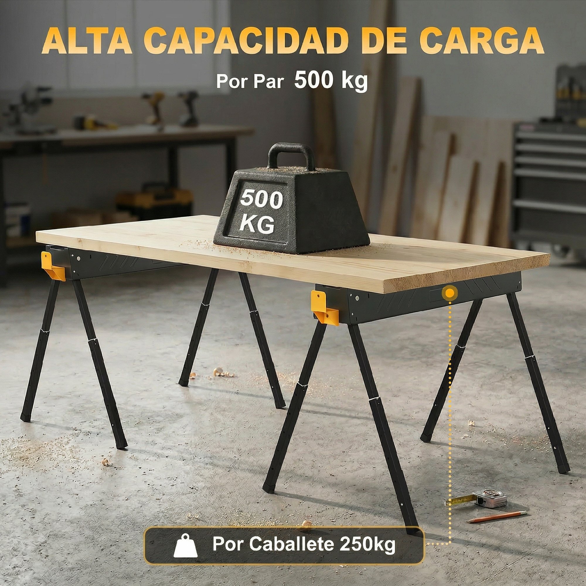 Set de 2 Caballetes para Sierra Plegables, Banco de Trabajo, Altura Ajustable, para Madera 2x4, con Asa, Ganchos, Base Antideslizante, para Carpintería y Bricolaje, Soporta hasta 500 kg, Negro
