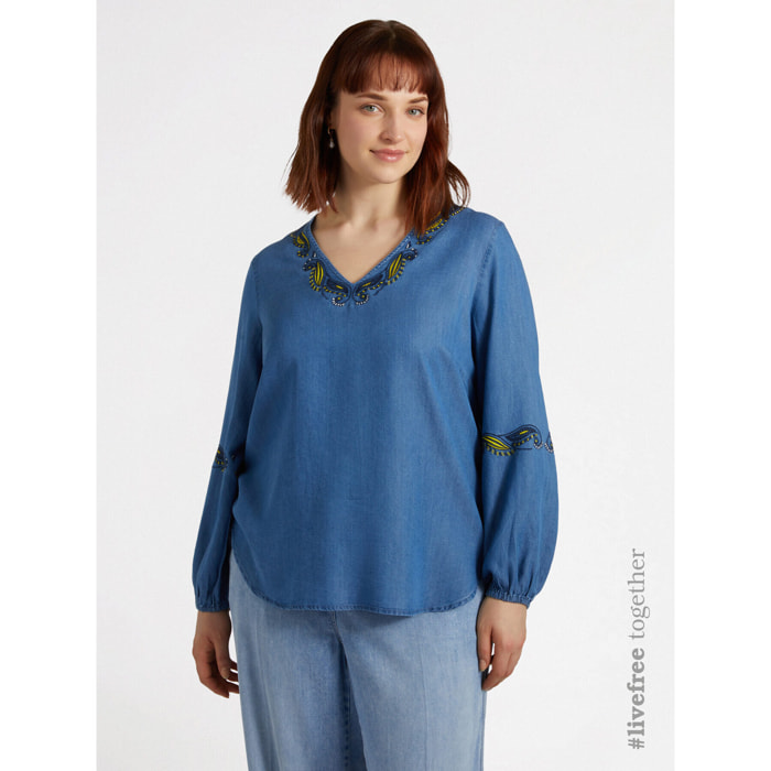 Fiorella Rubino - Blusa ricamata con fibre in TENCEL™ - Azzurro