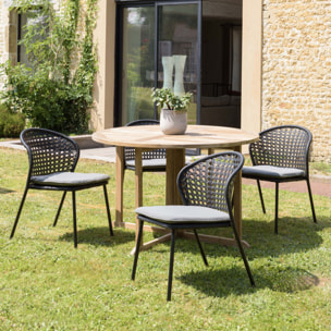 MALO - SALON DE JARDIN 4 PERS. - 1 Table ronde 120x120cm et 4 chaises noires et grises