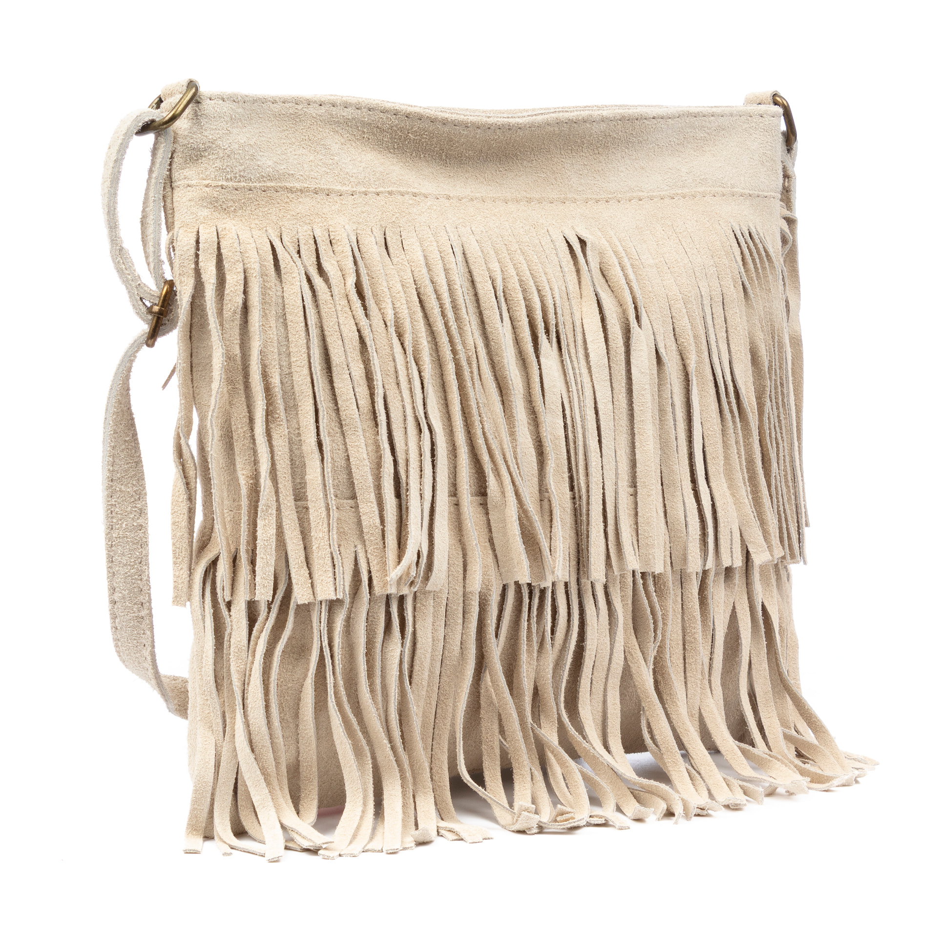 Avise borsa a tracolla con frange da donna. Vera pelle scamosciata.