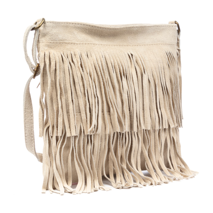 Avise borsa a tracolla con frange da donna. Vera pelle scamosciata.