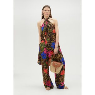 Top voluminoso all'americana con stampa floreale e animalier