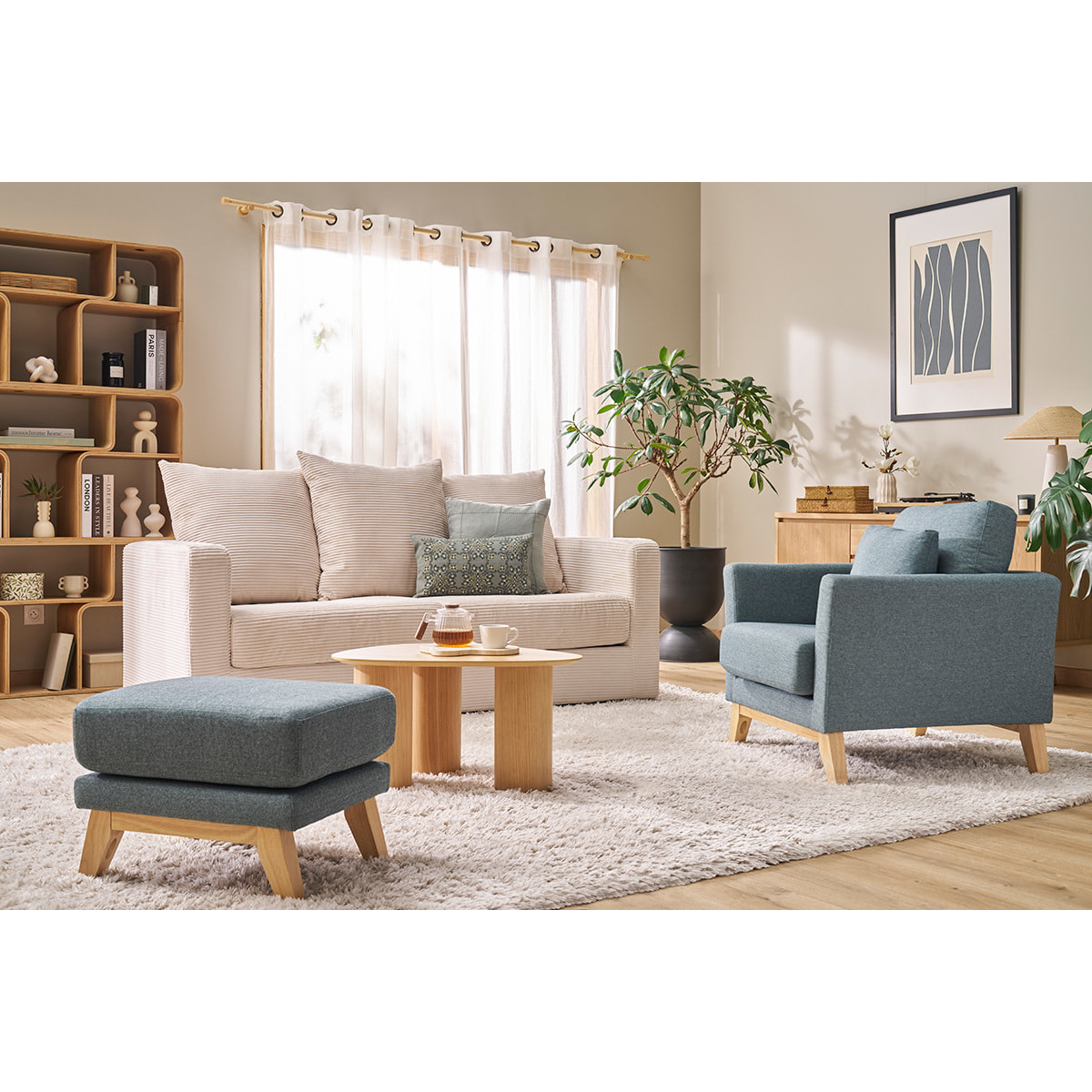 Pouf repose-pieds déhoussable scandinave en tissu vert de gris et bois clair OSLO