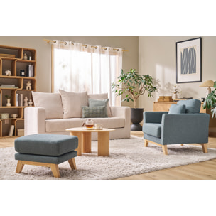 Pouf repose-pieds déhoussable scandinave en tissu vert de gris et bois clair OSLO