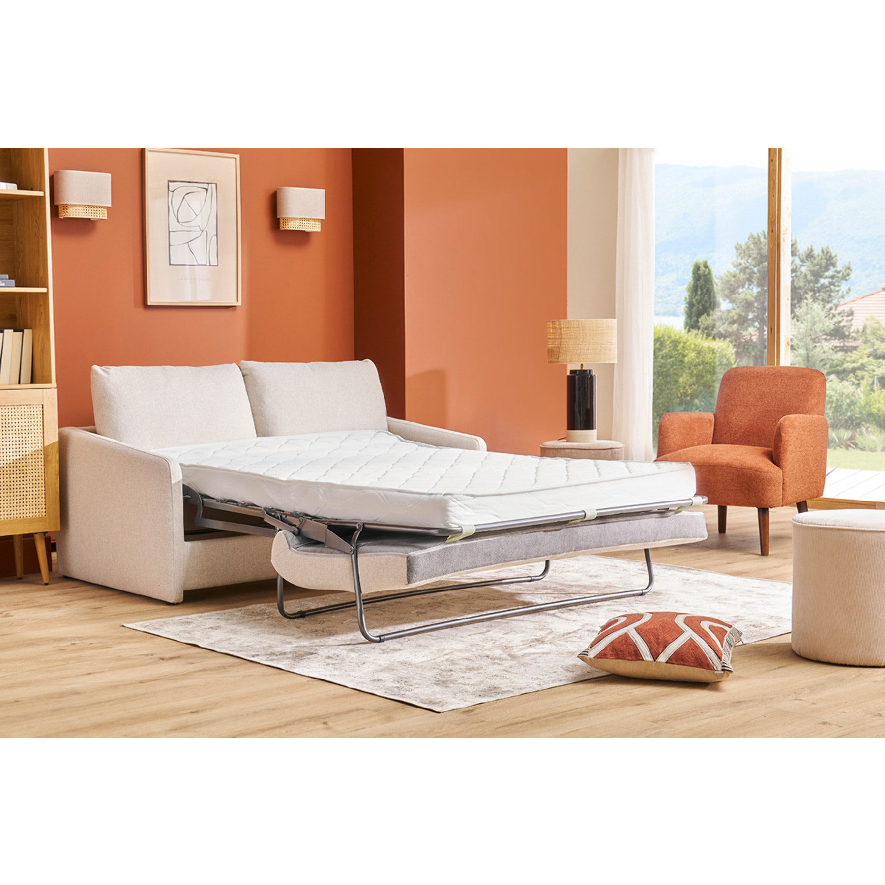 Canapé convertible 2 places en tissu beige crème PAULIN