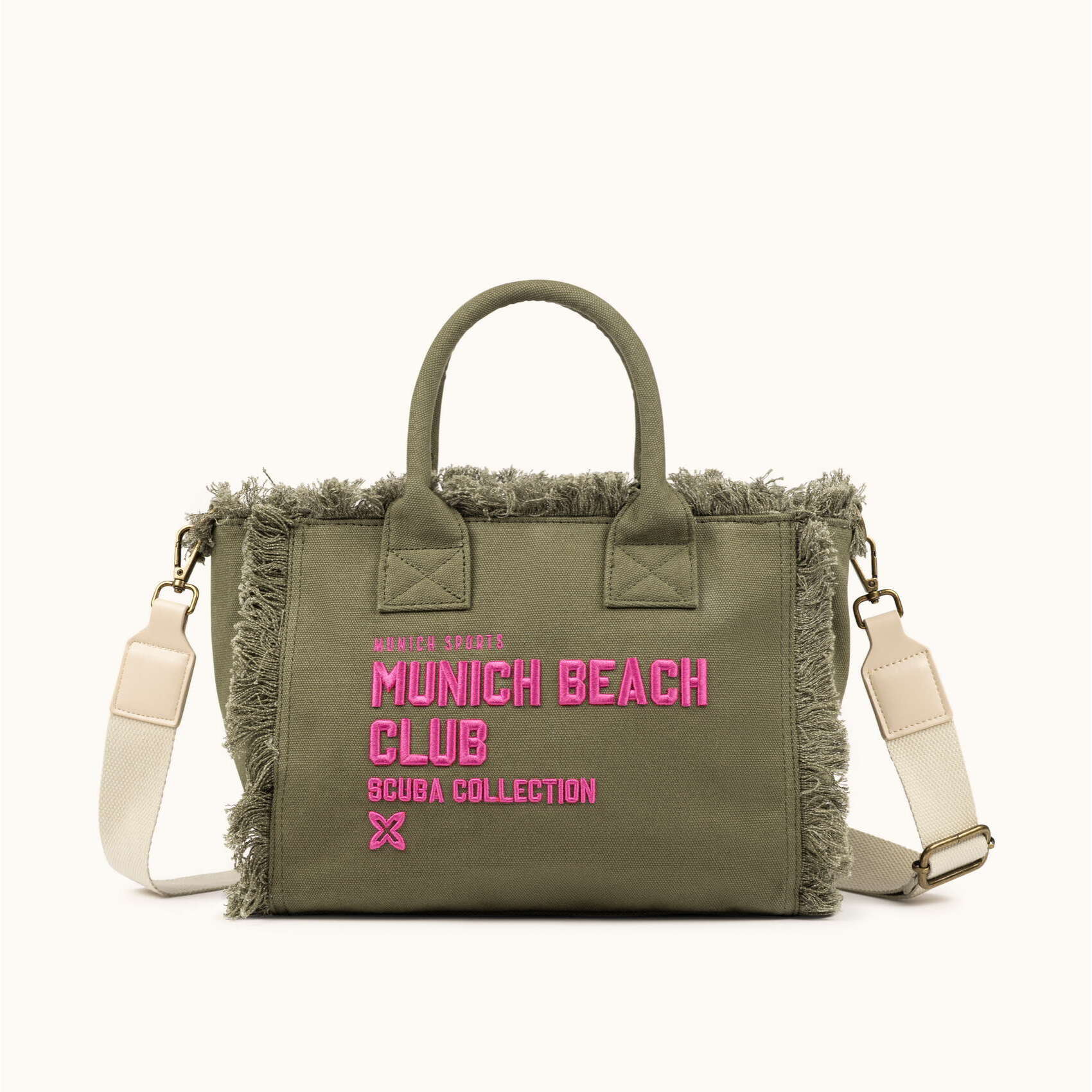 Bolso Bandolera Caqui de Algodón Reciclado con Flecos y Bordado Rosa SCUBA KHAKI CROSSBODY