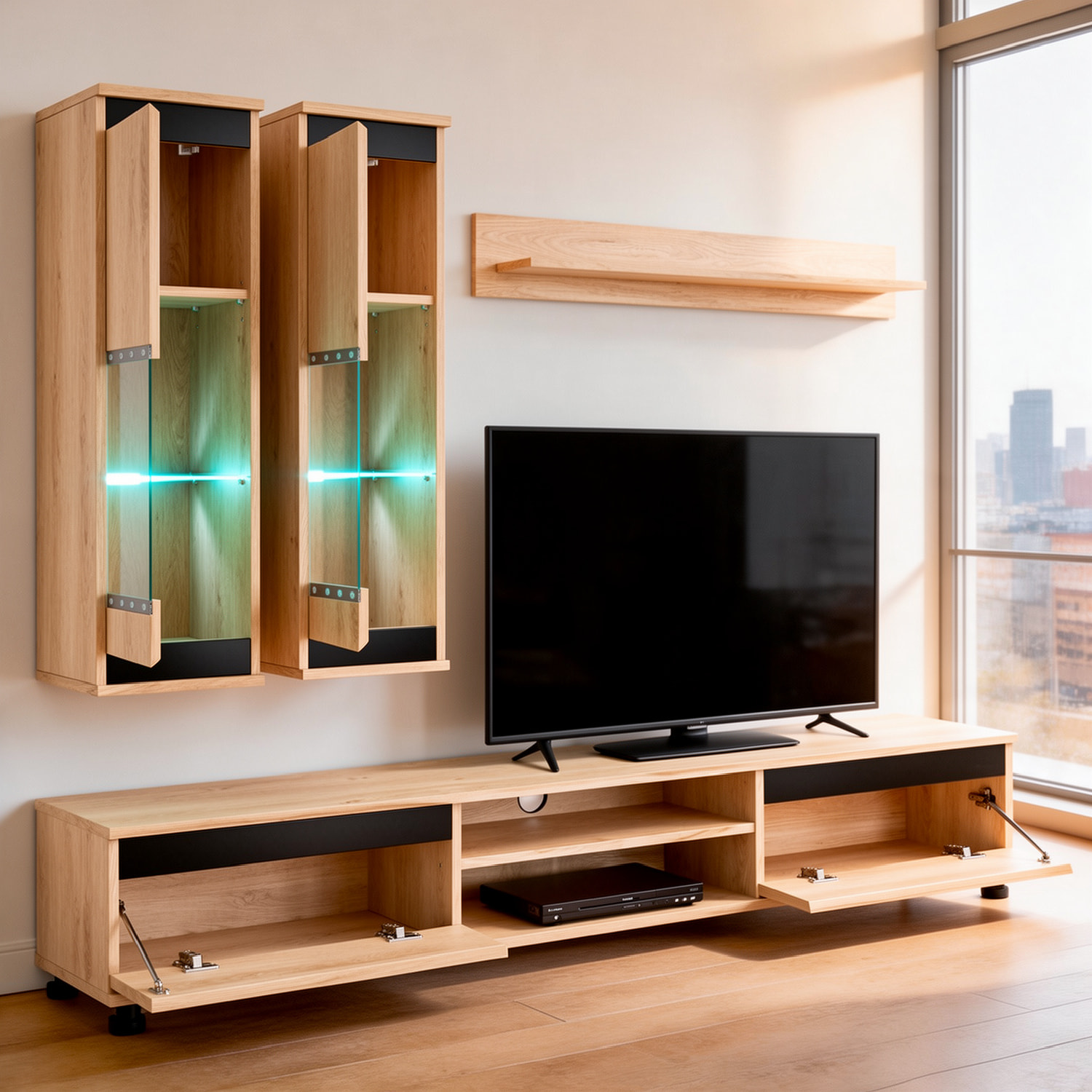 Parete Attrezzata Soggiorno Mobile Tv Vetrine Led Mensola Moderno Living Arredo Contenitore Vani Giorno Resistente 175x150x37 Cm Rovere Chiaro E Nero