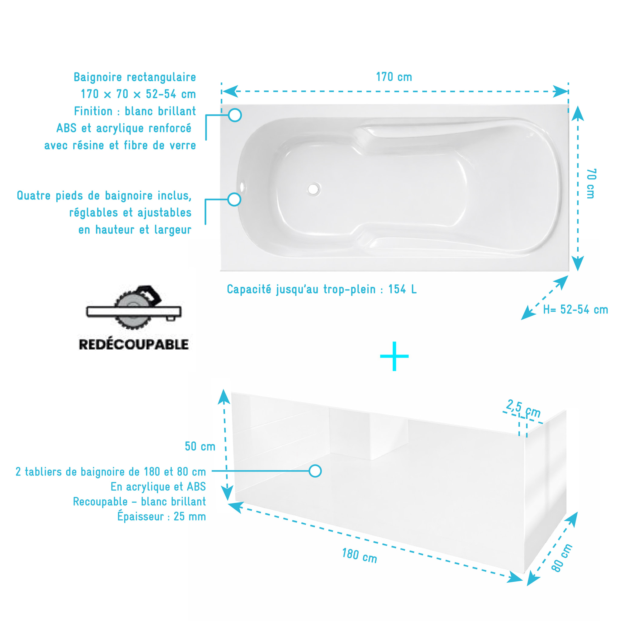 Pack Baignoire 170x70cm avec Tabliers recoupables 180cm et 80cm - Blanc Brillant - MAE