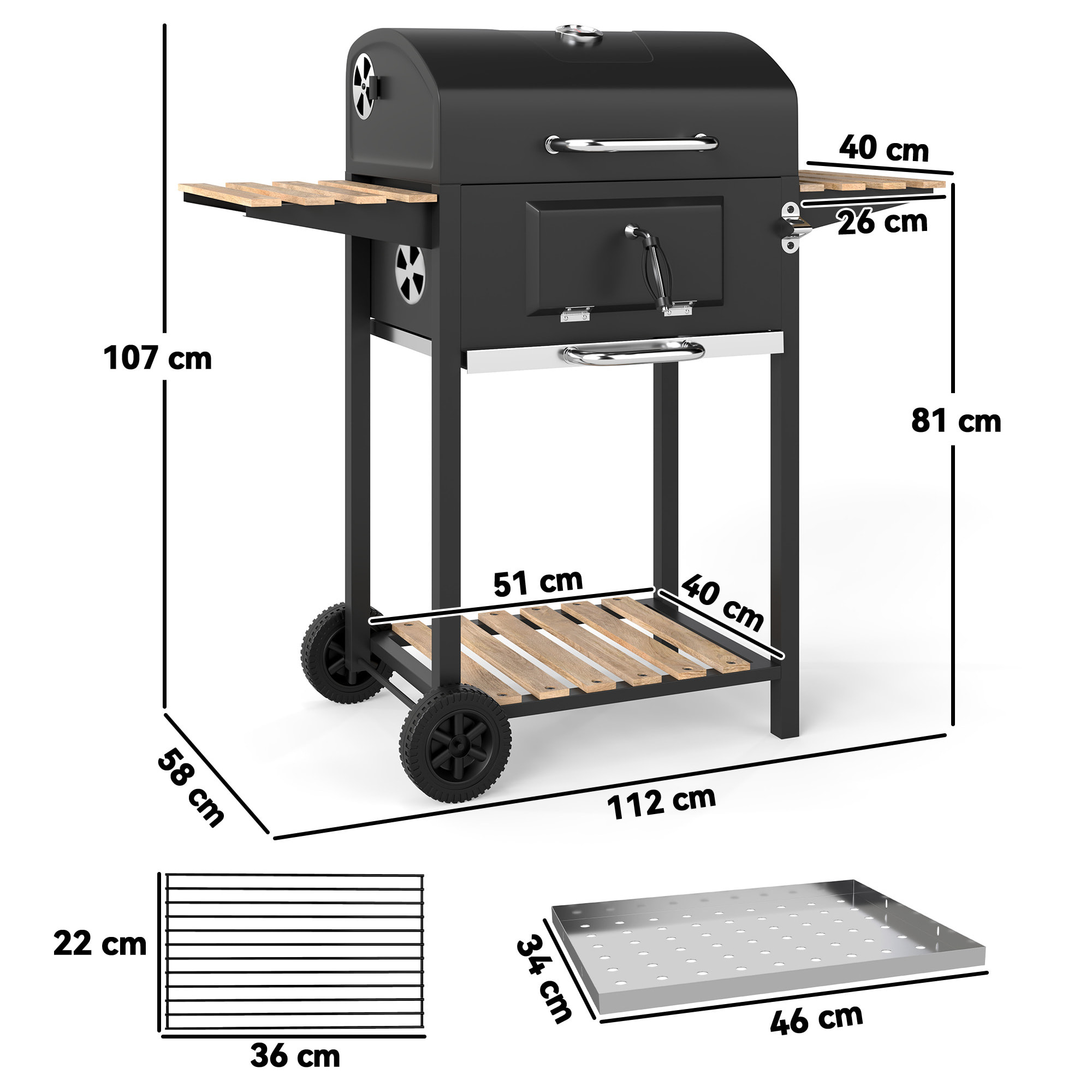 Barbecue charbon de bois avec couvercle 2 roues - hauteur grille réglable, thermomètre, 3 étagères - acier noir bois
