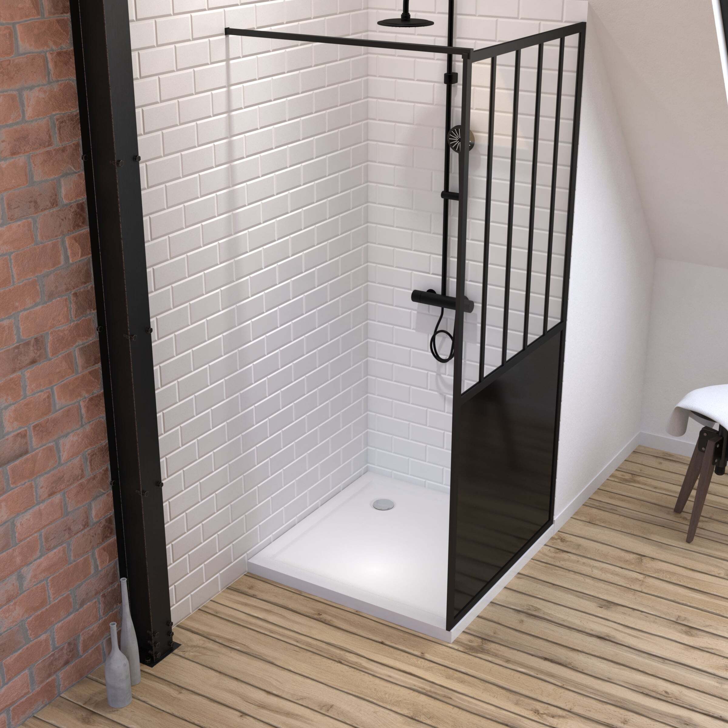 Pack Paroi de douche 90x200 CM NOIR MAT - VERRE TREMPE 5 mm + RECEVEUR A POSER EXTRA PLAT 90x90