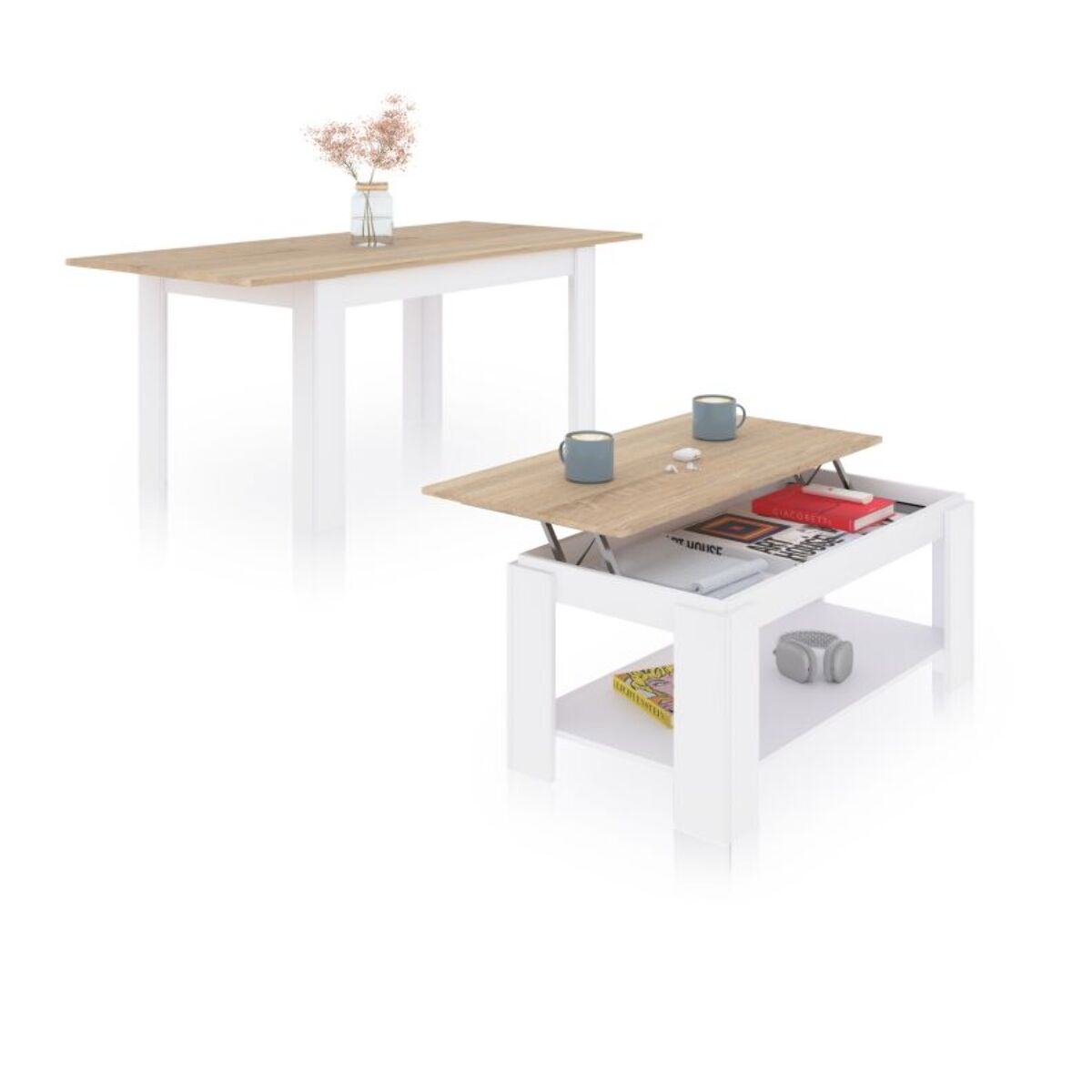 Pack mesa de comedor 123 y mesa de centro Lya Blanco Artik (Blanco Mate) - Roble Canadian