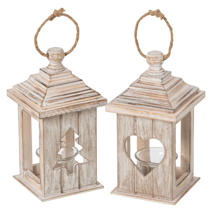 J-Line Lanterne - bois de sapin - beige - assortiment de 2