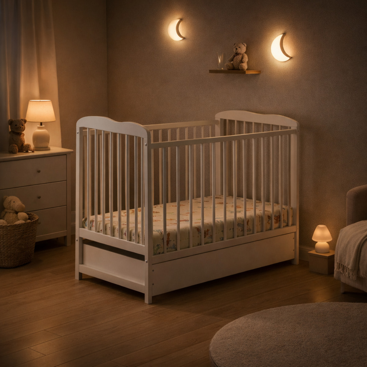 Culla Con Cassetto Contenitore Sponde Removibili E Materasso Incluso Altezza Regolabile Rete A Doghe Design Moderno 89 x 124 x 65 Cm Bianco Opaco