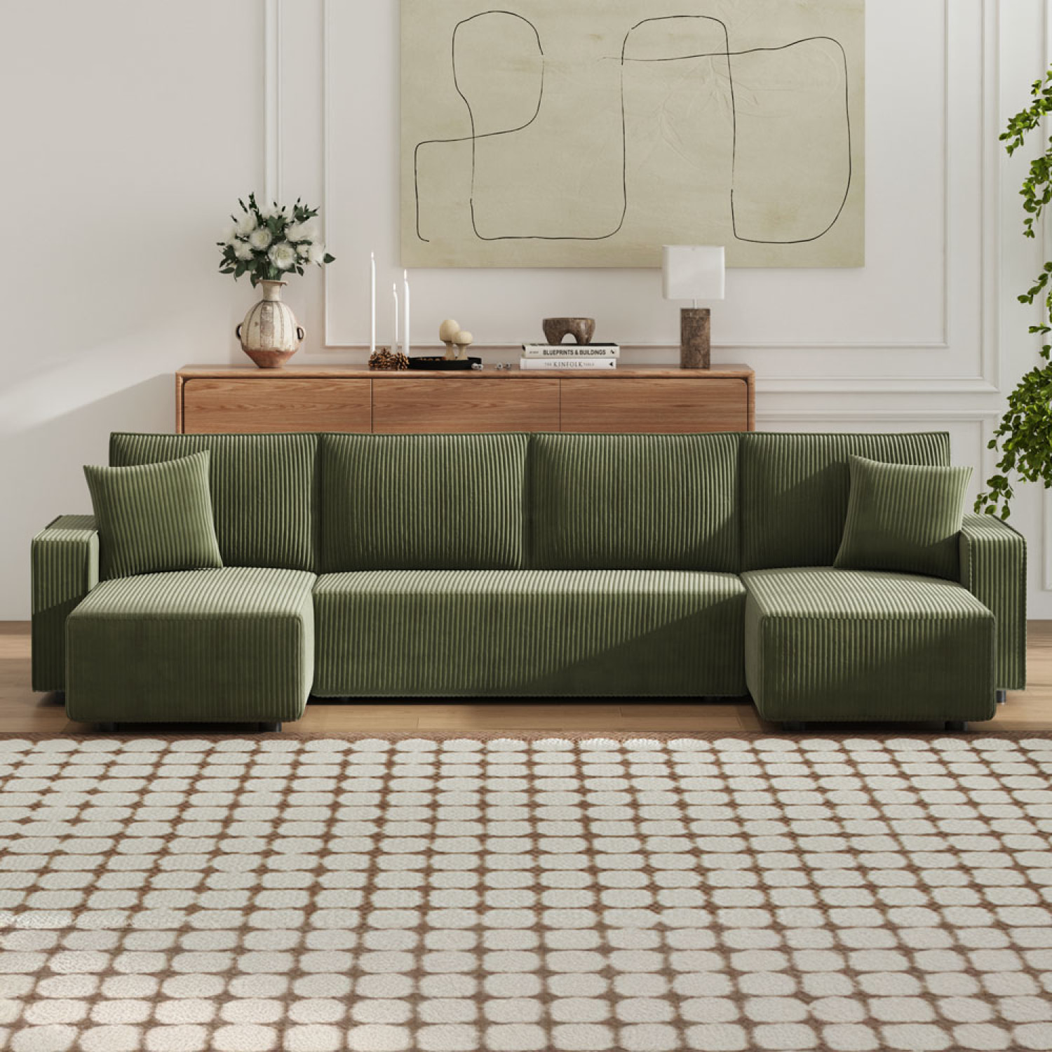 LUBEC Canapé panoramique convertible 6 places avec coffre en velours côtelé vert