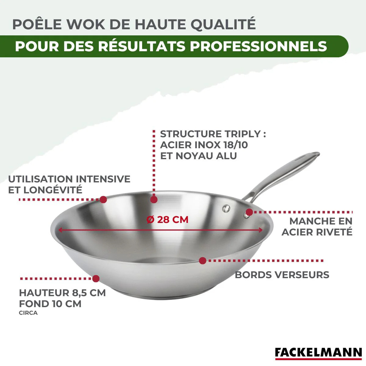 Wok 28 cm en inox 18/10 Triply Fackelmann Vita3