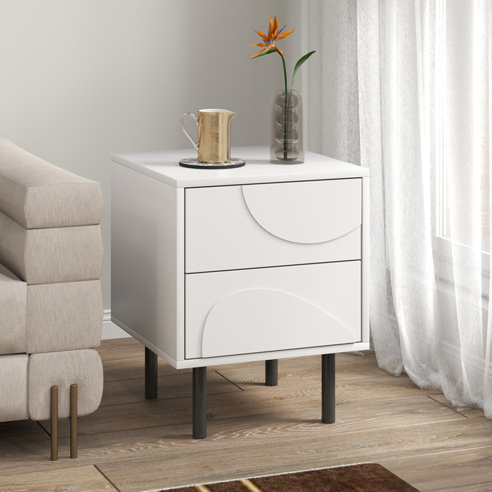 Table de chevet, table d'appoint avec 2 tiroirs, pieds en acier, 40 x 40 x 50 cm, blanc