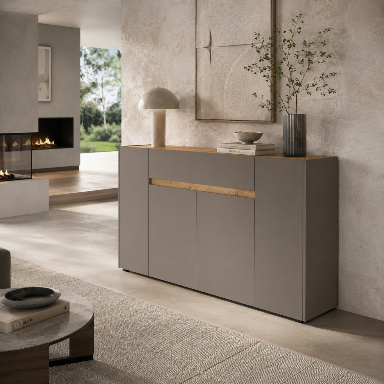 Credenza Moderna Madia In Melaminico Con 4 Ante E 1 Cassetto Mobile Contenitore Sala da Pranzo Soggiorno Design Senza Maniglie 170x85x40 cm Beige