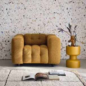 Fauteuil 1 place en bouclette texturée capitonné moutarde structure bois d'eucalyptus et contreplaqué