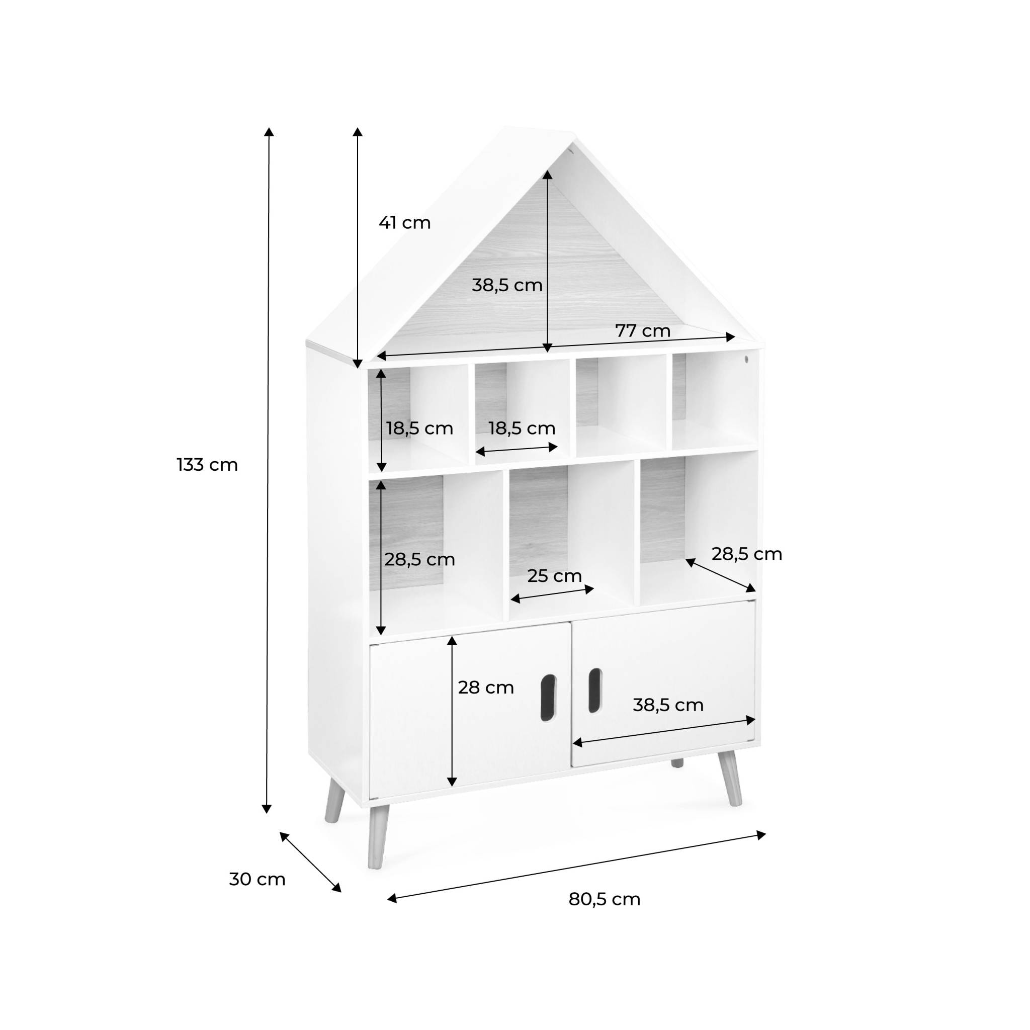 Etagère bibliothèque maison pour enfant - Tobias- Bois massif en pin naturel blanc - 3 niveaux. 8 compartiments. 2 portes