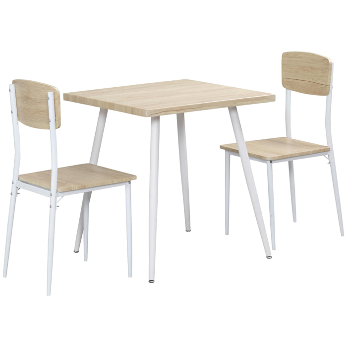 Ensemble table et chaises 3 pièces style nordique piètement effilé acier blanc aspect bois clair