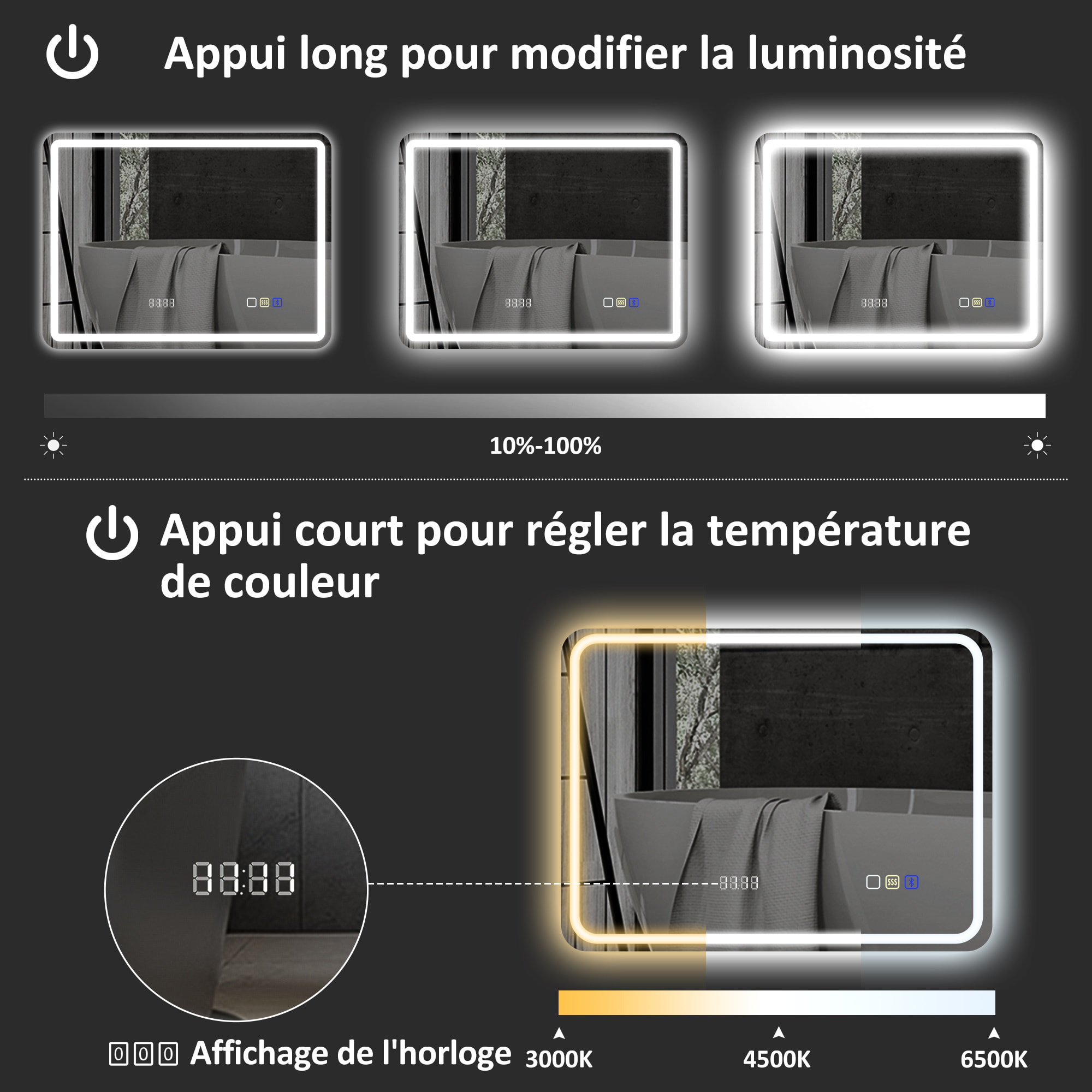 Miroir lumineux LED salle de bain Bluetooth 60x80cm - horloge numérique, antibuée, tactile, réglable - verre trempé 4 mm