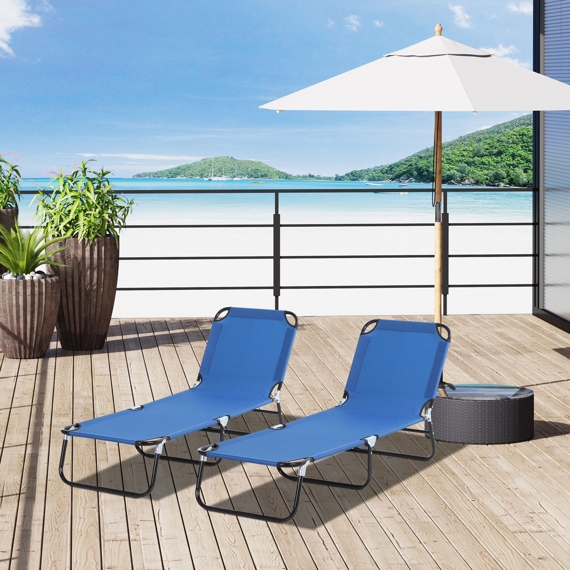 Conjunto de 2 Tumbonas Plegables Tumbonas de Jardín Reclinables con Respaldo Ajustable en 5 Niveles Carga 120 kg para Terraza Piscina 188x56x28 cm Azul