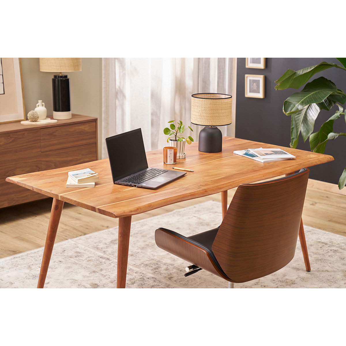 Chaise de bureau design pivotante 360° noir, bois foncé noyer et métal noir CURVED