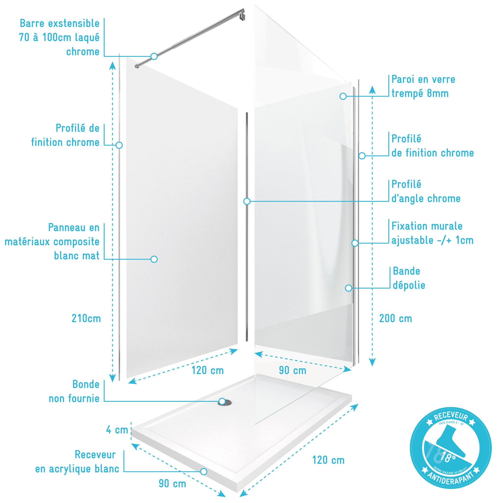 Pack douche à l'Italienne 90x120 - Kit Panneaux muraux Blanc/Chrome + receveur + Paroi Depolie 8 mm