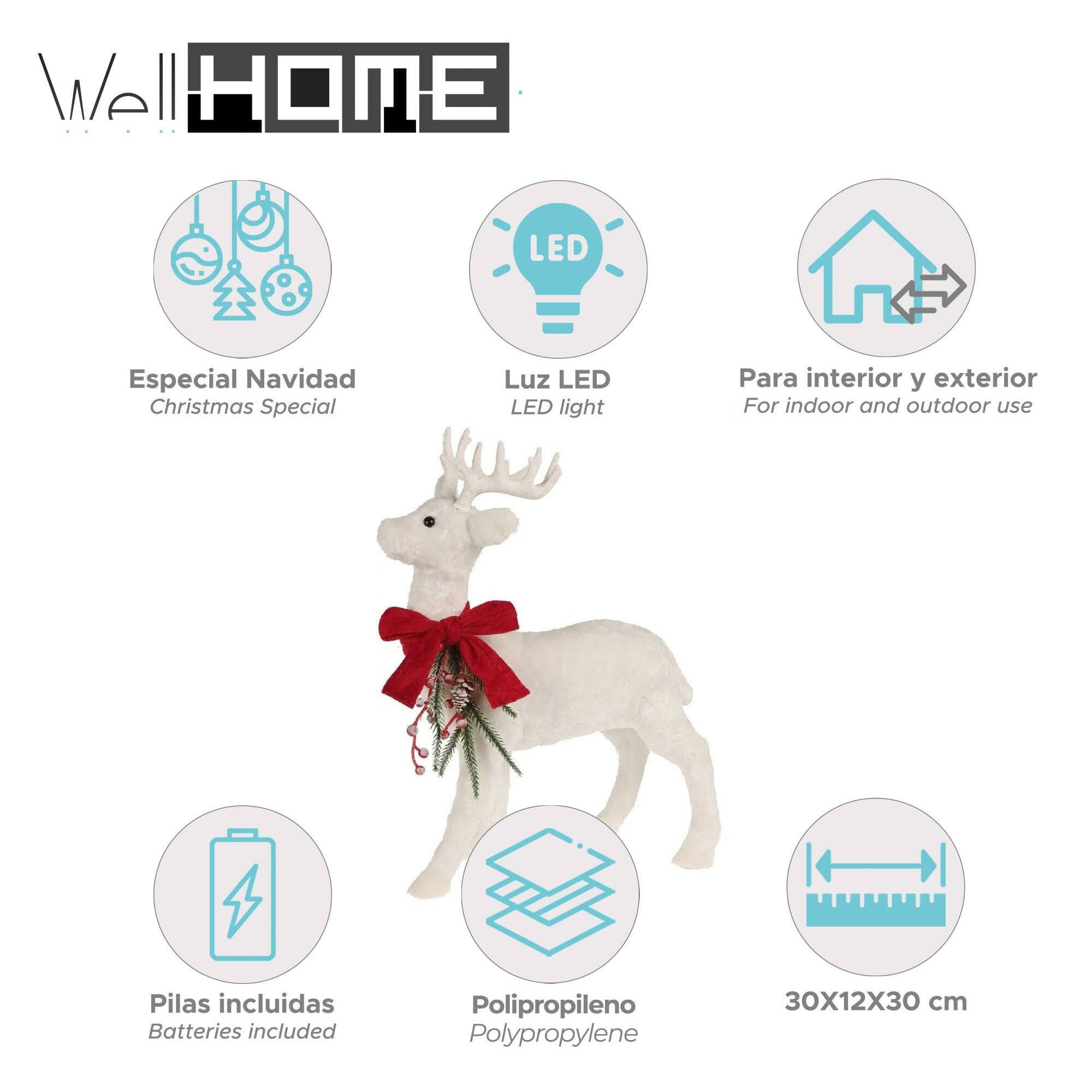 Decoración navideña - reno de pie con luces led y tela blanca 30x12x30cm