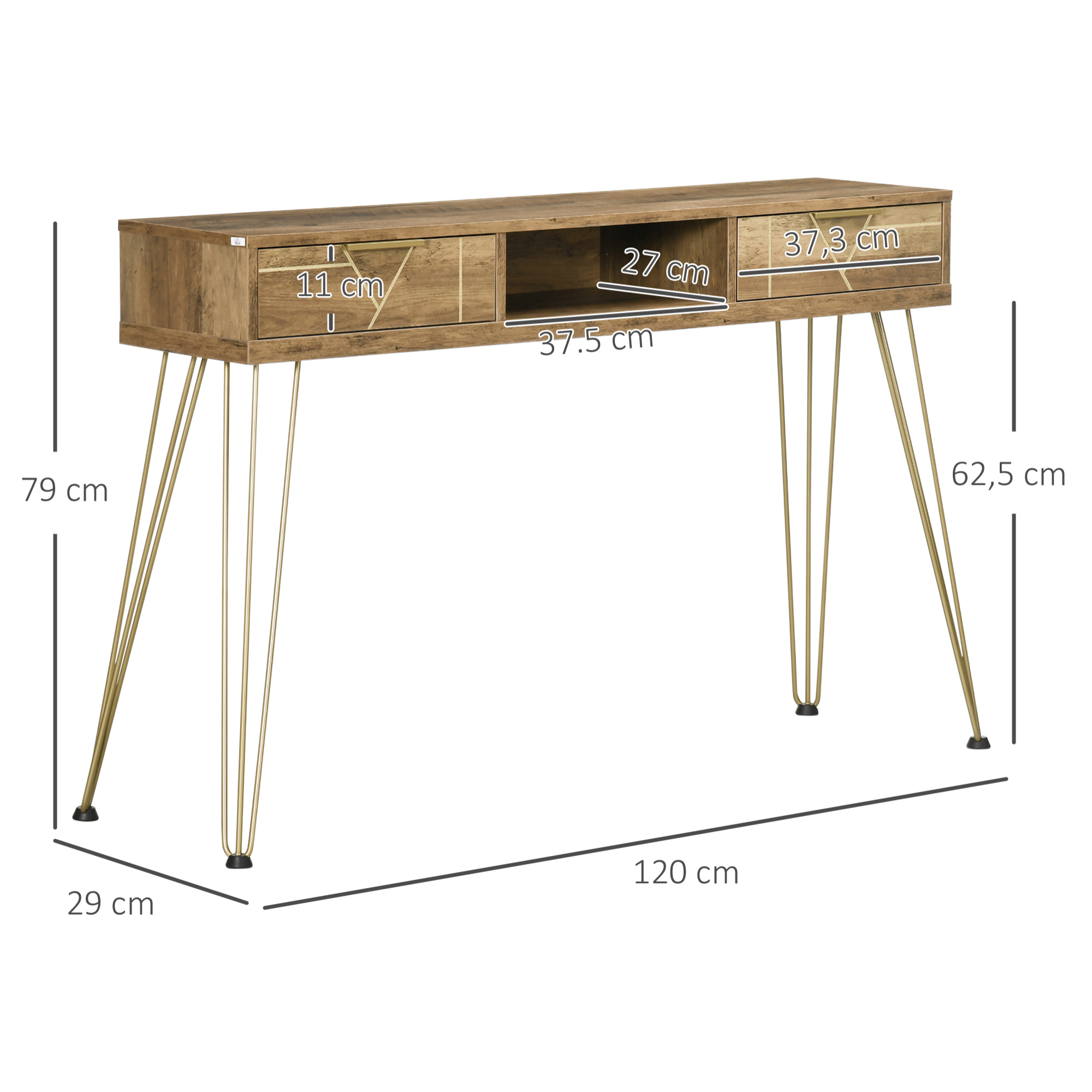 Mesa Consola con 2 Cajones Estante Abierto y Patas de Acero 120x29x79 cm Bronce