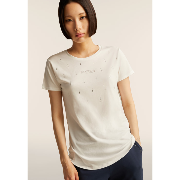 T-Shirt in jersey modal con Strass e Taglio Arrotondato