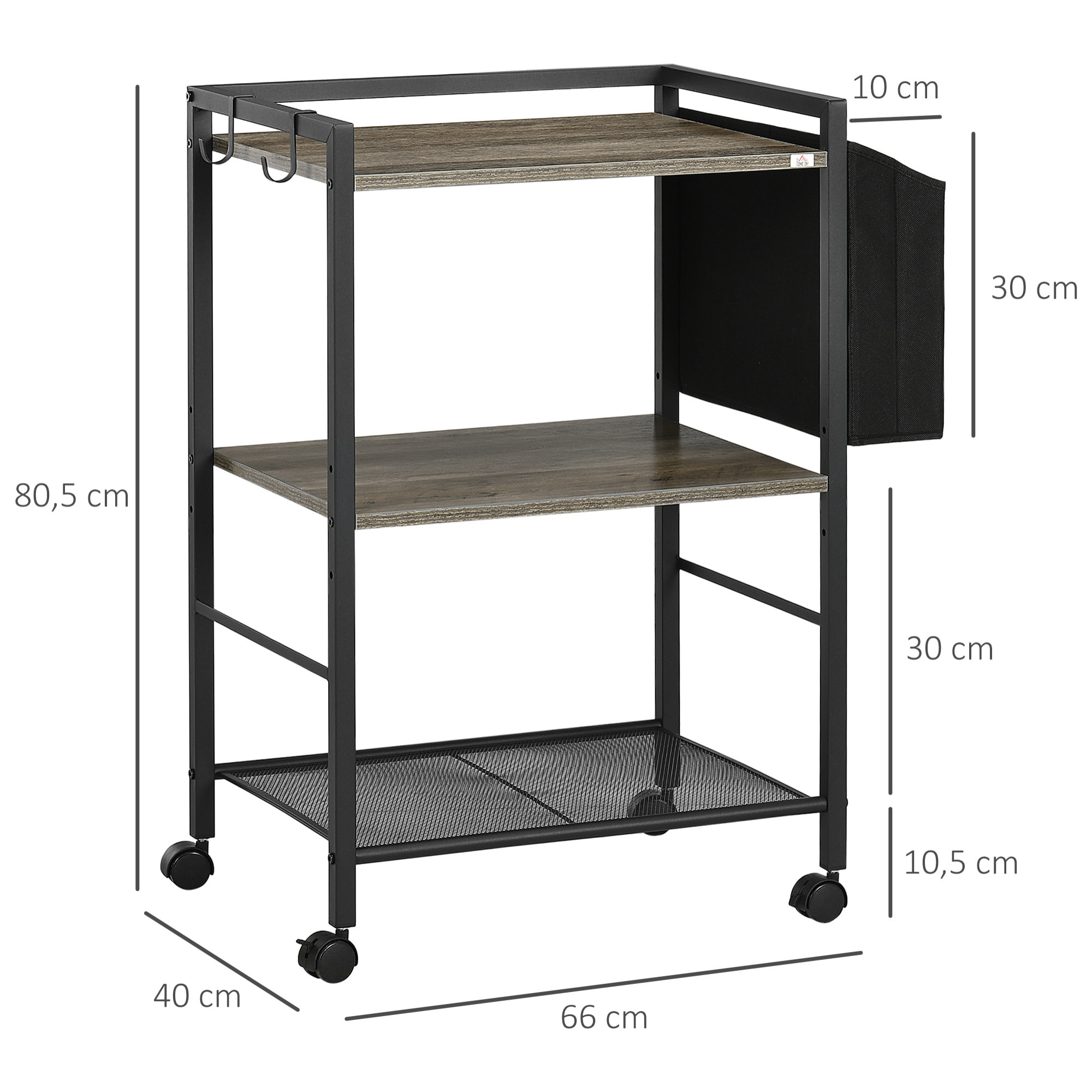 Carrito Auxiliar con Ruedas Carrito de Almacenamiento de 3 Niveles con Bolsa de Tela 2 Ganchos y Marco de Acero para Salón Cocina Comedor 66x40x80,5 cm Gris