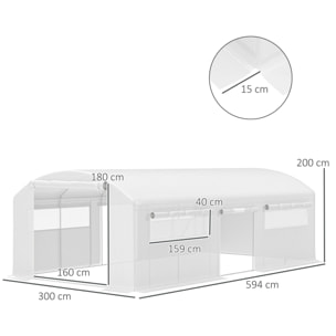 Invernadero de Exterior 6x3x2 m Invernadero de Túnel con 6 Ventanas de Malla Cubierta de PE Anti-UV y 3 Puertas Enrollables con Cremallera Invernadero para Jardín Patio Blanco