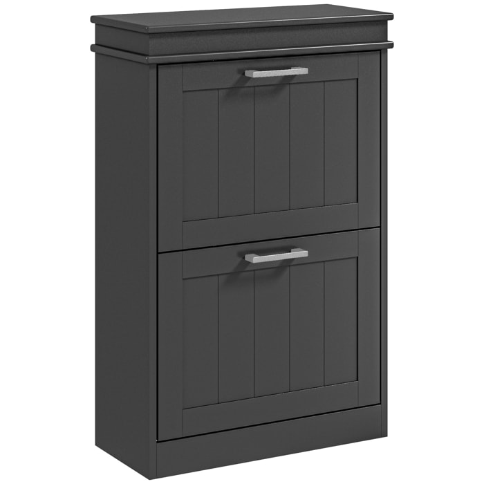 Meuble à chaussures 2 portes abattants 2 étagères poignées métal noir MDF noir