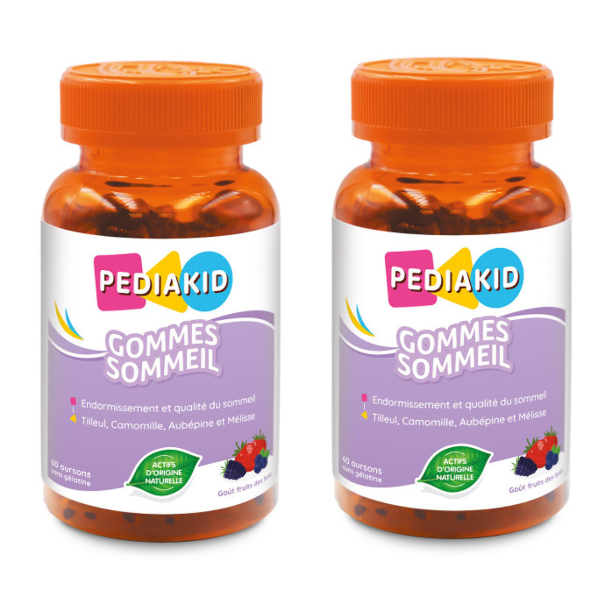 PEDIAKID - Gommes Sommeil - Complément alimentaire - Tilleul, Aubépine, Camomille & Mélisse - Facilite l'endormissement - Favorise un sommeil de meilleure qualité - Sans gélatine - Lot de 2 piluliers