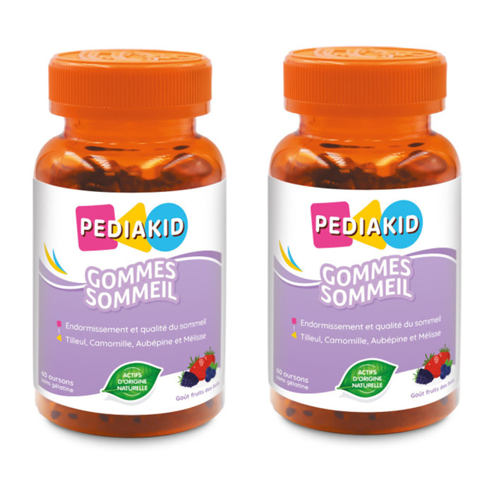 PEDIAKID - Gommes Sommeil - Complément alimentaire - Tilleul, Aubépine, Camomille & Mélisse - Facilite l'endormissement - Favorise un sommeil de meilleure qualité - Sans gélatine - Lot de 2 piluliers