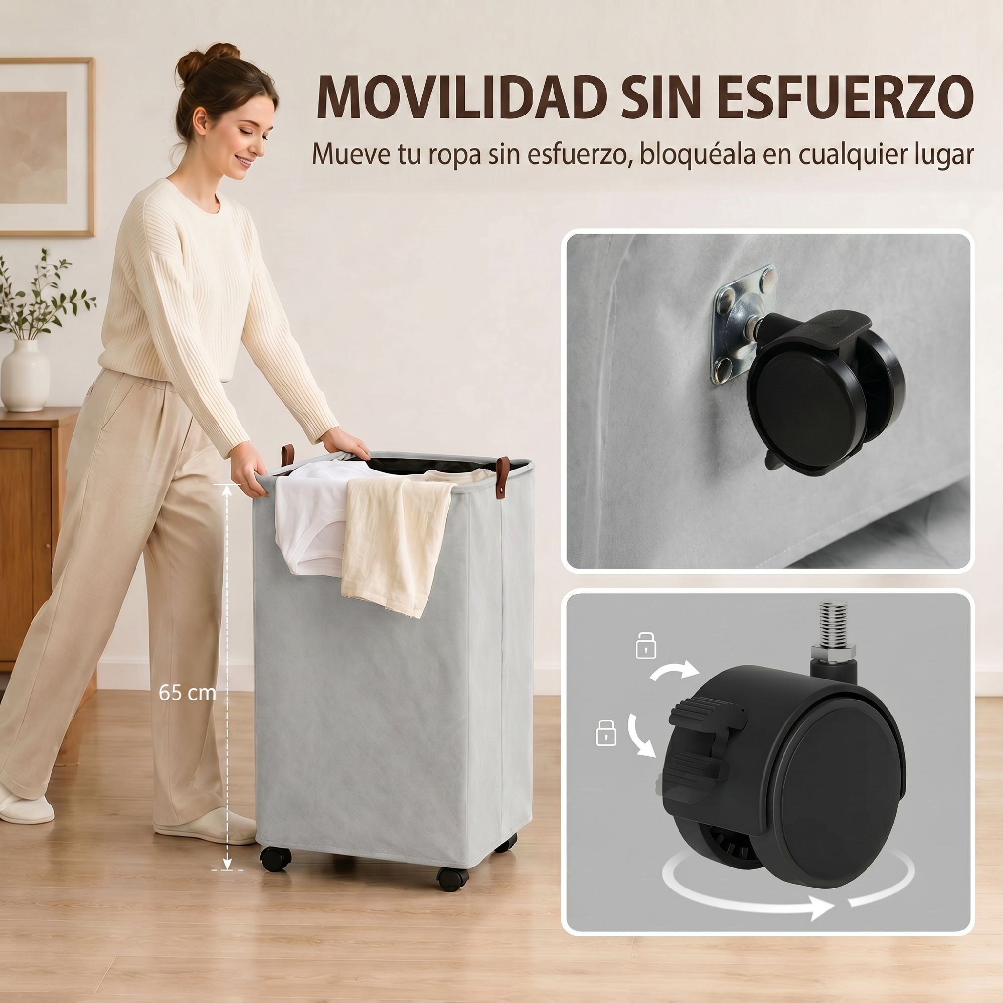 Cesto de Ropa Sucia con Tapa y Ruedas, 50L, Cesta de Ropa Sucia Plegable con Bolsa con Cordón Extraíble y Lavable, para Lavandería, Dormitorio, Baño, 40x30x65 cm, Gris