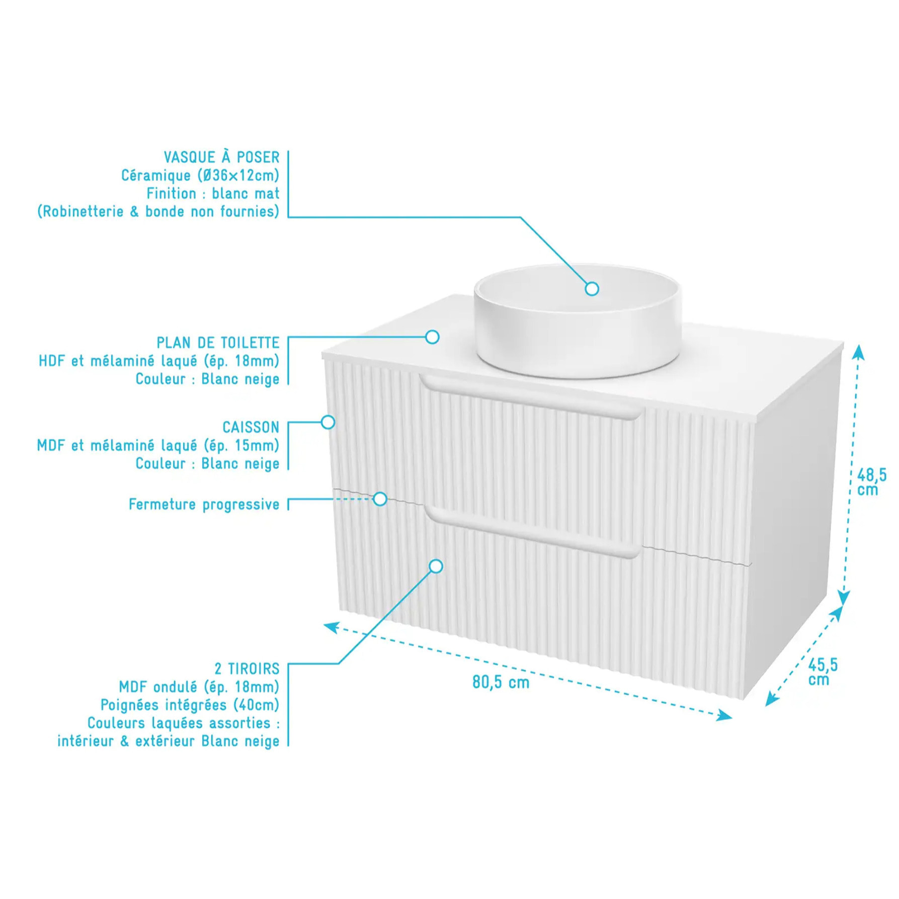 Meuble de Salle de Bains LEON 80cm Blanc Neige - 2 Tiroirs en MDF Ondules - Vasque Ronde 36cm