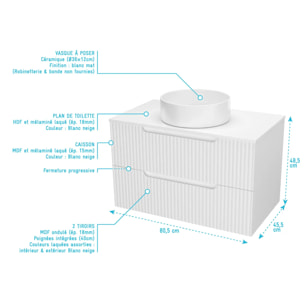 Meuble de Salle de Bains LEON 80cm Blanc Neige - 2 Tiroirs en MDF Ondules - Vasque Ronde 36cm