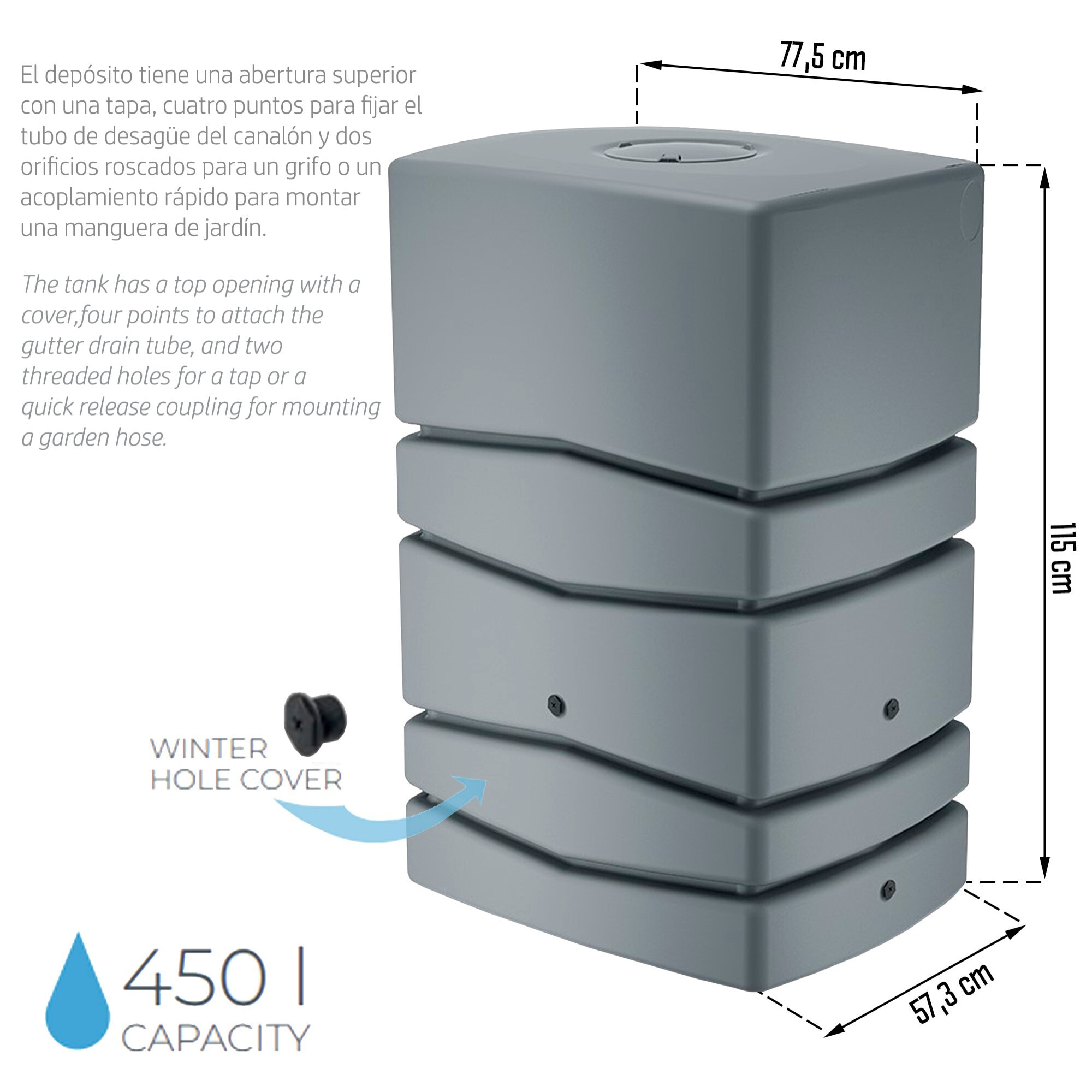 Barril de captación de agua aqua tower 450l., dimensiones (mm) 775x573x1150