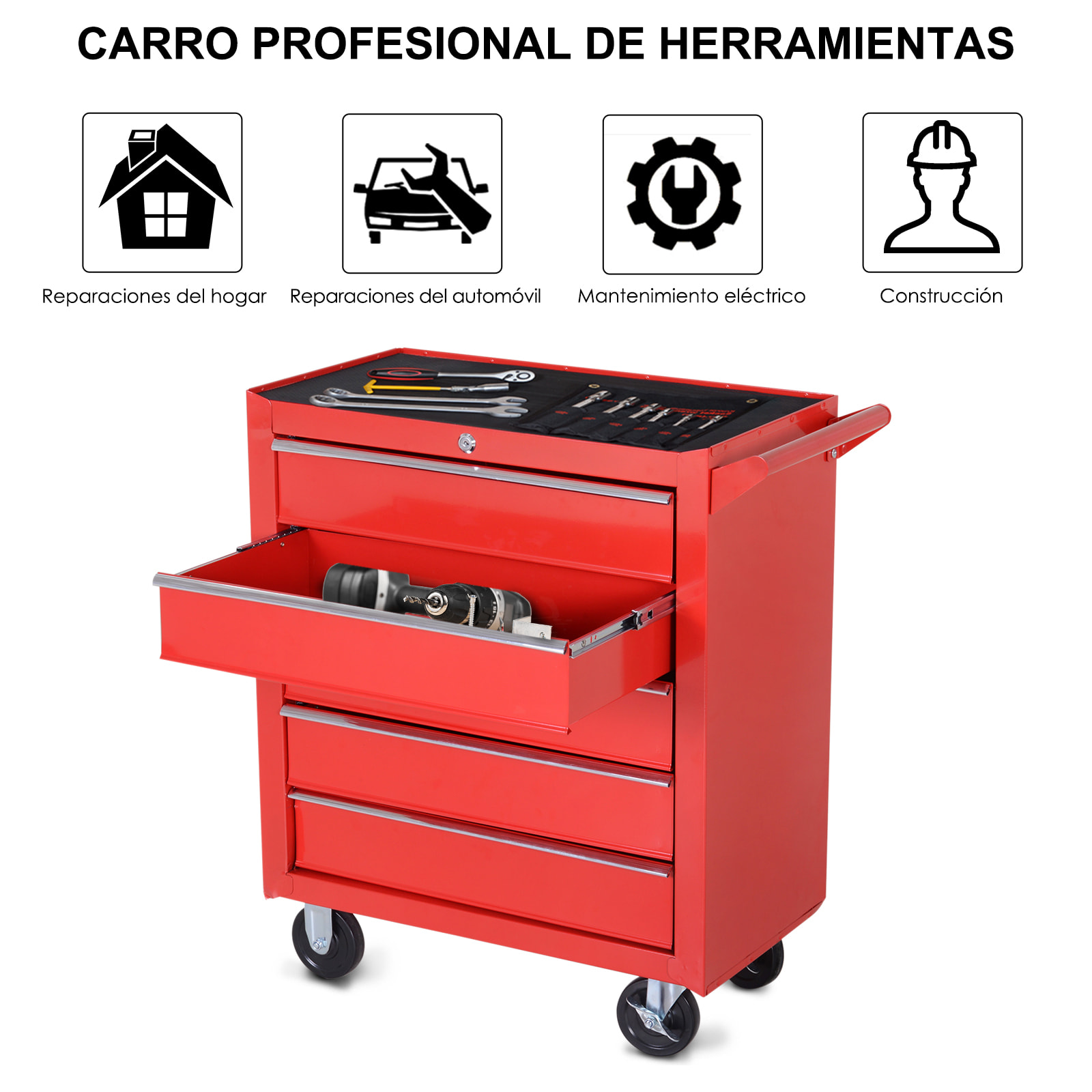 Caja Taller Carro de Herramientas con Ruedas Cerradura tipo Mueble de Almacenamiento para Taller Garaje y Hogar Chapa de Acero 69x33x75 cm Rojo