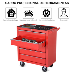 Caja Taller Carro de Herramientas con Ruedas Cerradura tipo Mueble de Almacenamiento para Taller Garaje y Hogar Chapa de Acero 69x33x75 cm Rojo