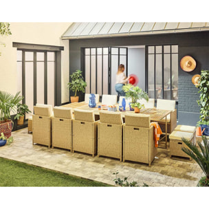 Cuba – salon de jardin encastrable en résine tressé beige - 14 places - coussins beige + housse de protection - Beige