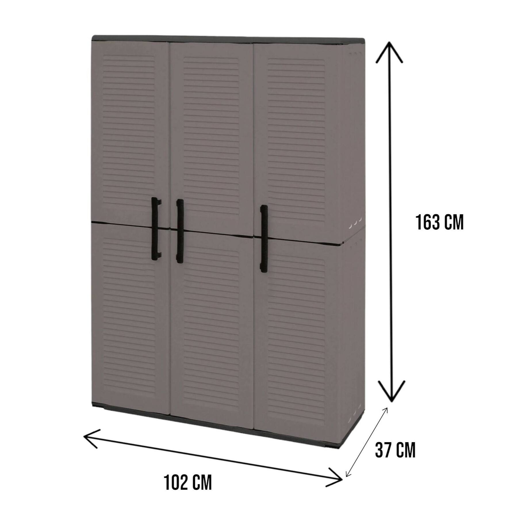 Armadio portascope da esterno o interno, Mobile a 3 ante e 3 ripiani regolabili in polipropilene, 100% Made in Italy, cm 102x37h163, colore Grigio