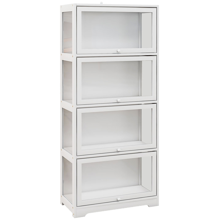 Vitrine colonne 4 niveaux - 4 portes abattantes - dim. 59 x 30 x 139 cm - MDF blanc acrylique transparent